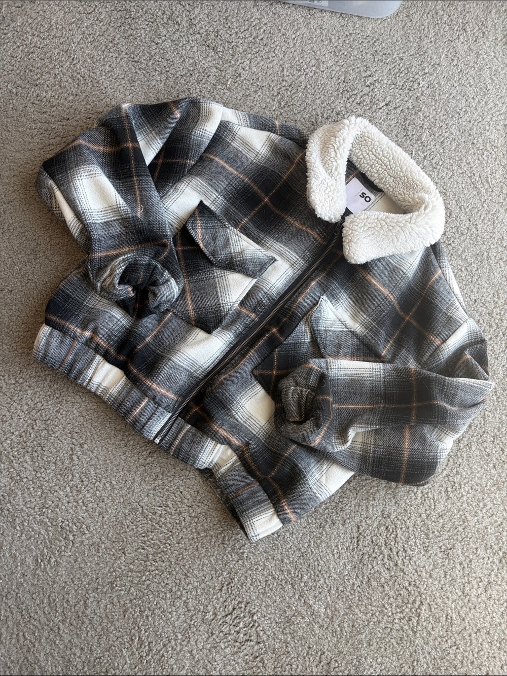 SO Cream Sherpa Collar Plaid Jacket with Gray and Tan Accents